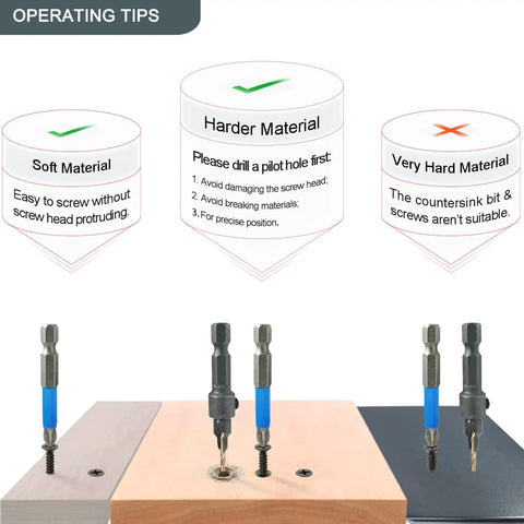 Operating tips for 440 Piece Black Carbon Steel Self Tapping Wood Screws Assortment Kit with pilot hole advice.