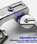 Close-up of adjustable screw on Rock Solid 135 Degree Kitchen Cabinet Hinges For Corner Cabinets With No Hassle Overlay Mount Hardware.