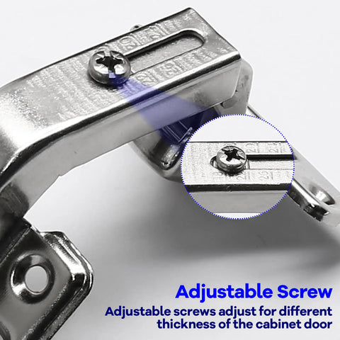 Close-up of adjustable screw on Rock Solid 135 Degree Kitchen Cabinet Hinges For Corner Cabinets With No Hassle Overlay Mount Hardware.