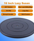 16 Inch Lazy Susan Turntable with 360 Rotation, max load 200lbs, anti-slip, strong and durable features displayed, for various uses.