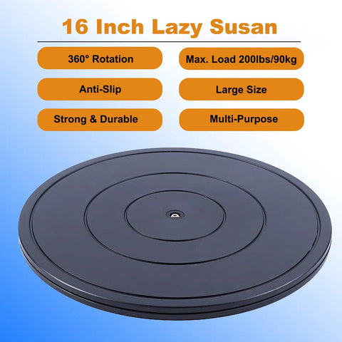 16 Inch Lazy Susan Turntable with 360 Rotation, max load 200lbs, anti-slip, strong and durable features displayed, for various uses.