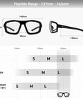 Dimensions of Badass Z87 Rated Photochromic Motorcycle Safety Glasses With Shatterproof Lens And Matte Black Shell.