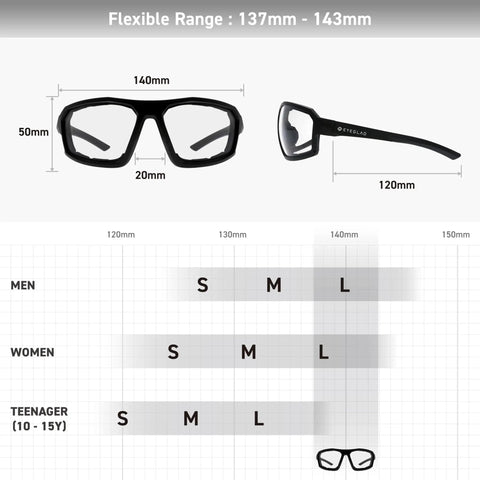 Dimensions of Badass Z87 Rated Photochromic Motorcycle Safety Glasses With Shatterproof Lens And Matte Black Shell.