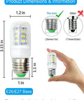 E26 LED Refrigerator Bulb 3.5W 40W Equivalent, Daylight White 6000K, dimensions and base comparison in hand