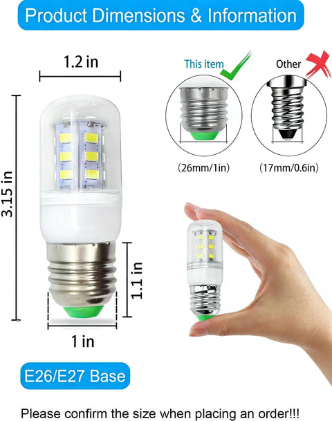 E26 LED Refrigerator Bulb 3.5W 40W Equivalent, Daylight White 6000K, dimensions and base comparison in hand