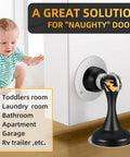 Four Pack Magnetic Door Stop No Drilling With 3D Adhesive Tapes Keeps Doors Open And Silent Easy Install Durable Stainless Steel Mount With Included Screws Black Finish Great For Home And Office installed on white door, baby crawling nearby.