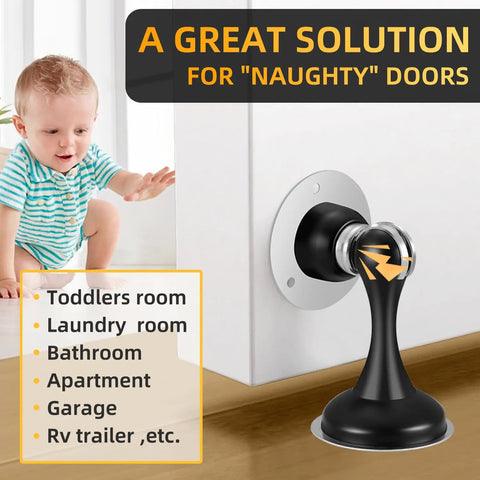 Four Pack Magnetic Door Stop No Drilling With 3D Adhesive Tapes Keeps Doors Open And Silent Easy Install Durable Stainless Steel Mount With Included Screws Black Finish Great For Home And Office installed on white door, baby crawling nearby.