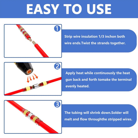 Instructional steps for DIY Friendly Solder Seal Wire Connectors Kit With Heat Gun For Quick Waterproof Electrical Terminals No Solder Or Crimp Needed And Ideal For Marine Automotive Boat And Truck Wiring.