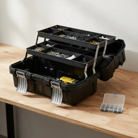 Heavy-Duty Folding Three-Tier Cantilever Tool Chest For Home Garage And Vehicle Projects with metal body and trays open.