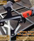 Heavy Duty Workhorse 1080W Pipe Tube Polisher Sander With Six Variable Speeds And 10000 RPM Belt Grinder in use on steel tubing.