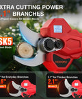 Cordless Electric Pruning Shears With 2.1 Inch Cutting Capacity, LCD Display, showing SK5 steel blade cutting a branch