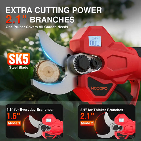 Cordless Electric Pruning Shears With 2.1 Inch Cutting Capacity, LCD Display, showing SK5 steel blade cutting a branch