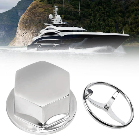 Boat Steering Wheel Center Nut Five Eighth Inch 18 Thread 316 Stainless Steel Mirror Polish Finish with yacht backdrop