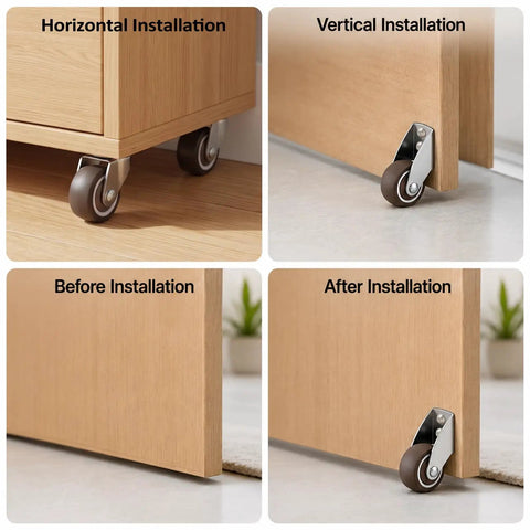 Heavy Duty TPE Caster Wheels 1.5 Inch Diameter Two Pack Replacement Furniture Glides For Desks Shelves And Cabinets displayed in before and after installation.