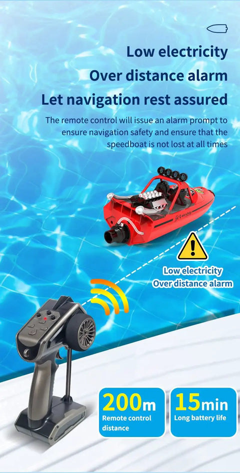Jet Powered RC Boat With LED Lights 30 KMH Speed Remote Control Turbojet Boat For Lakes Pools Salt Water shown on water with remote.