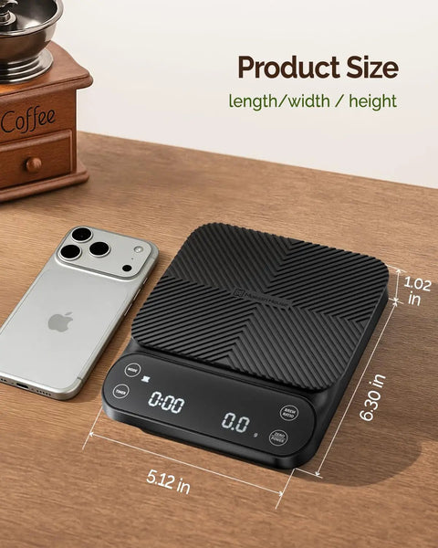 Barista Grade Coffee Scale With Timer 3Kg Capacity 0.1g Precision Rechargeable Digital Scale beside smartphone on table