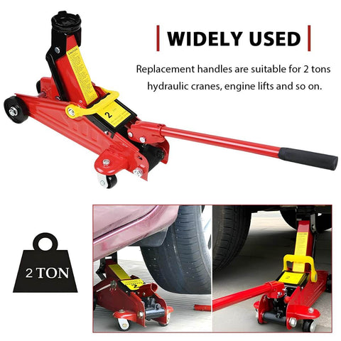 2 Ton Horizontal Hydraulic Jack Handle With Grippy Anti Slip Grip Heavy Duty Steel Floor Jack Lever Replacement For Car Lifts 14.6 Inch Length For Superior Leverage And Effortless Lifting During Maintenance shown during car lifting, with red and yellow hydraulic jack in use.