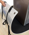 Oversized Large Appliance Slides With Pull Strap Premium Moving Mat for Tile Carpet Hardwood Floor being used to slide a fridge.