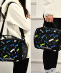 Insulated Lunch Box For Kids And Teens With Skateboard Dope Lightning Bolt Print, side view with shoulder strap and mesh pockets