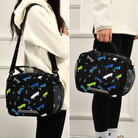 Insulated Lunch Box For Kids And Teens With Skateboard Dope Lightning Bolt Print, side view with shoulder strap and mesh pockets