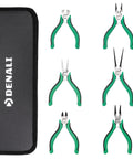 Compact 6 Piece Mini Pliers Set with Comfort Grip and Leather Storage Bag, includes various pliers for tight spots.