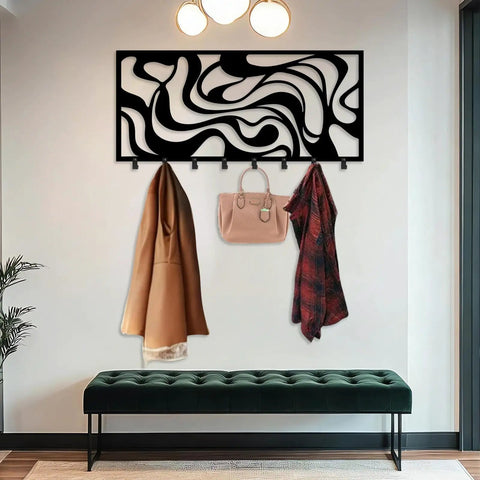Sleek Abstract Wall Rack - Heavy Duty Modern Metal Hooks - Premium Key Holder And Coat Organizer - Smooth Home Storage Solution For Entryways - Crisp White Art Inspired Wall Decor - Real Deal Organization Game Changer For Daily Use featuring stylish black design with coats and a bag.