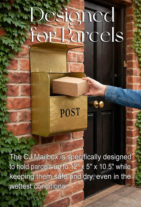 Rust Resistant Metallic Gold Wall Mount Mailbox Built Tough For Outdoors With Powder Coat Finish, hand placing package