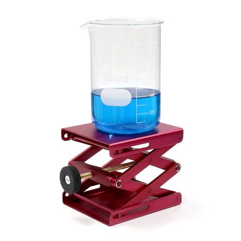 Heavy Duty Aluminum Lab Jack Platform Lift Table With 4.8 By 5.5 Inch Platform Adjustable Height From 2.3 To 9.5 Inches with beaker