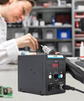 Pro Grade 110V Hot Air Rework Station With LED Display And 3 Nozzles SMD Soldering Desoldering Tool in use on workbench