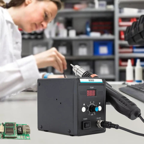 Pro Grade 110V Hot Air Rework Station With LED Display And 3 Nozzles SMD Soldering Desoldering Tool in use on workbench