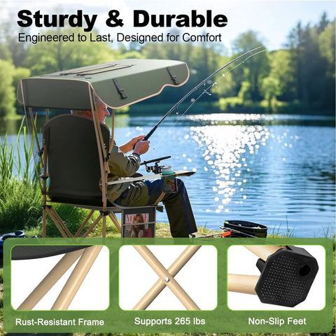 Person using Canopy Camping Chair Foldable With Sun Shade For Beach And Outdoors Your Go To Portable Folding Chair fishing