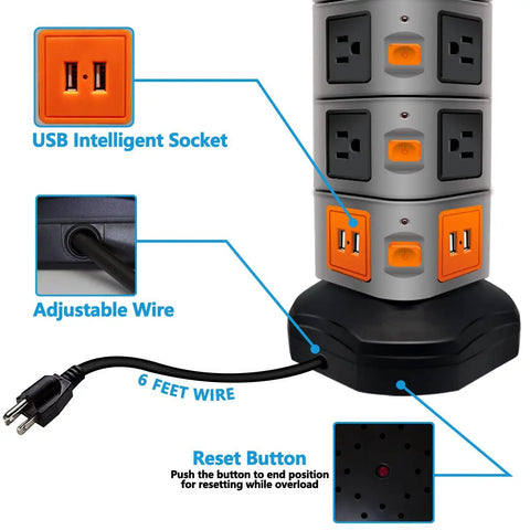 14 Outlet Surge Protector Charging Station With 4 USB Ports, Heavy Duty Power Strip Tower showing USB sockets and reset button