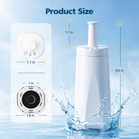 Premium Replacement Water Filters To Keep Your Daily Grind Running Tight 6 Pack Compatible With Barista Touch Oracle Dual Boiler And Claro Swiss Systems Replace Part Bes008Wht0Nuc1, showing size dimensions in water.