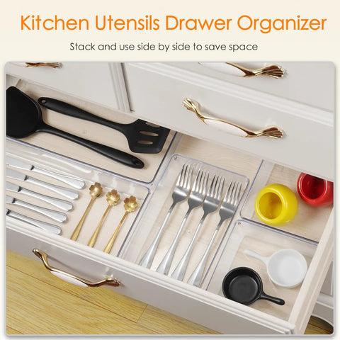 10 Piece Clear Drawer Organizer Set With Three Sized Trays Solid Bathroom Vanity Or Kitchen Storage Heavy Duty Plastic Bins in kitchen drawer.