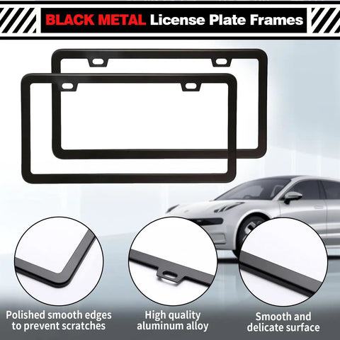 Two Pack Matte Black License Plate Frames With Two Holes, Rustproof Aluminum Plate Holder, Weatherproof Car Plate Cover