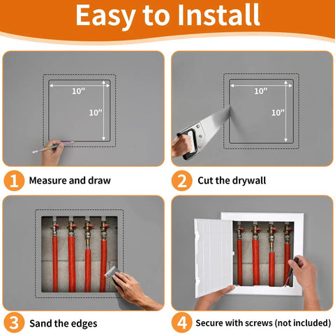 Easy installation steps for Built Tough Drywall Access Panel 10 By 10 Inch Plastic Wall Hole Cover for Ceiling Plumbing.