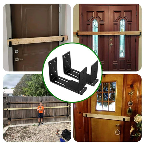 Heavy Duty Door Barricade Brackets Adjustable Security Bar Holder For 2x4 And 4x4 Lumber Carbon Steel Drop Open Bar Bracket To Deter Break Ins Easy Install For Home Security Set Of 2 in use on various doors and gates