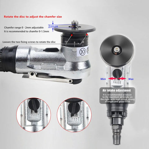 Durable Mini Pneumatic Chamfering Tool In Light Aluminum Alloy Air Powered Deburring Machine For 45 Degree Beveling showing adjustable chamfer size disc.