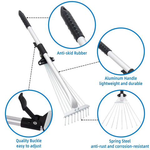 Two Pack Adjustable Yard Rake Set With 63-Inch 15-Tine Big Rake And 30-Inch 9-Tine Small Rake, showing detailed features and materials