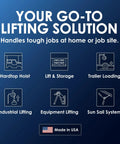 Image showing lifting solution icons including hardtop hoist, trailer loading, and industrial lifting, Made in USA.
