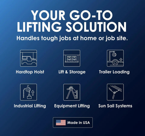 Image showing lifting solution icons including hardtop hoist, trailer loading, and industrial lifting, Made in USA.