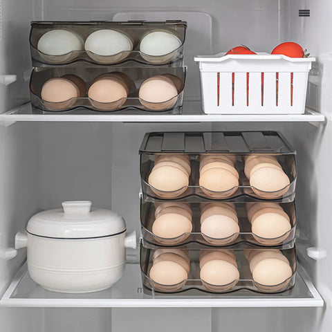 Refrigerator with 36 Grid Capacity Automatic Rolling Egg Holder For Refrigerator Two Layer Stackable Egg Tray Organizer in use