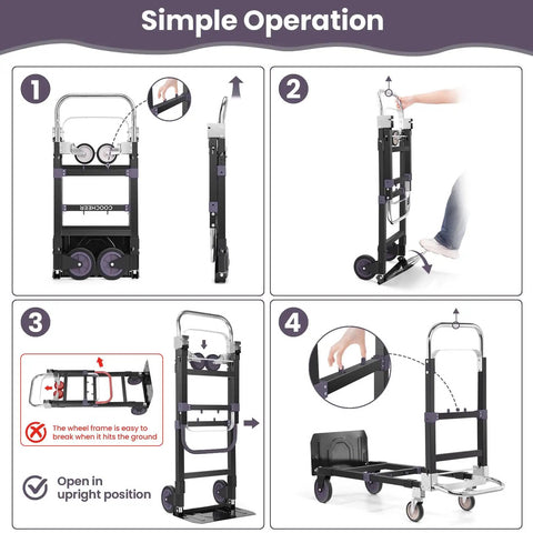Instructions for using the Straight Up Heavy Duty 3 In 1 Convertible Hand Truck Dolly Cart in upright and flatbed modes.