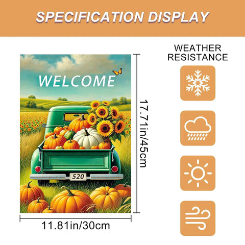Fall Truck Garden Flag 12x18 Inch Green Pickup Packed With Pumpkins And Sunflowers Welcome Double Sided Autumn Harvest Yard Decor For Porch, Lawn And Farmhouse Vibe