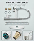 Spring Kitchen Sink Faucet With Pull Down Sprayer, Contemporary Stainless Steel, components and installation parts displayed