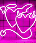 Pink Heart Angel Devil Neon Sign LED Light for Bedroom Wall Decor 14 by 13 Inch, heart with wings and devil horns on grid wall