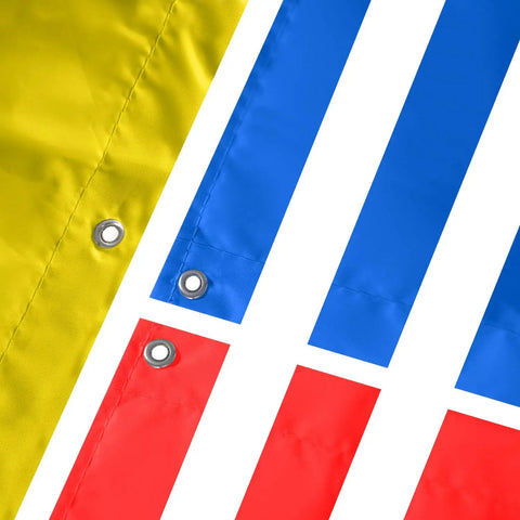 Colorful swing set canopy tarp detail with grommets, featuring yellow, blue, and red sections, 52 by 90 inches.