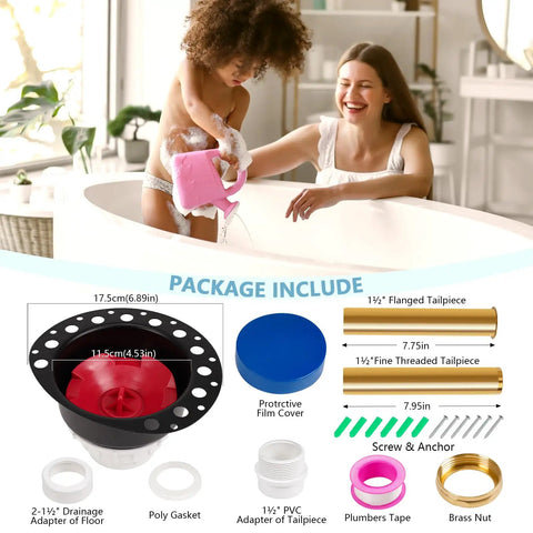 Freestanding Tub Drain Rough In Kit With Pvc Adapter For Floor And Island Bathtubs showing components and family interaction in a bath.