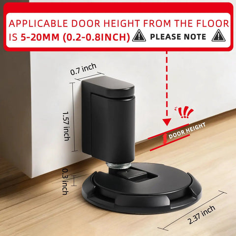 Kickass Magnetic Door Stopper Windproof Floor Hold Open Latch With Strong Adhesive Or Screw Mount For Easy No Sweat Install showing dimensions.