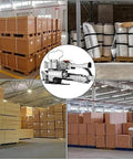 Portable Pneumatic Baler For Steel And Plastic Strapping Lightweight Warehouse Packing Machine in a busy packing area with various boxes.
